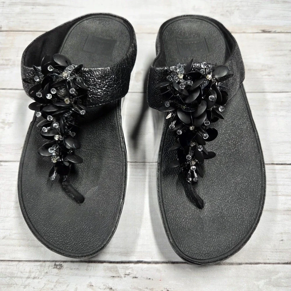 FitFlop Flare Thong Sandals Shimmer Sequin Wedge Womens 6 Black Embellished